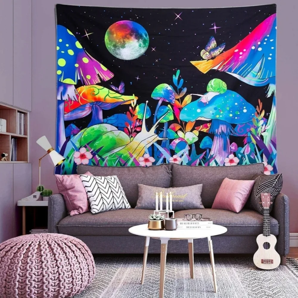 Blacklight Psychedelic Mushroom Tapestry Trippy Celestial Snail Moon Stars 59x79